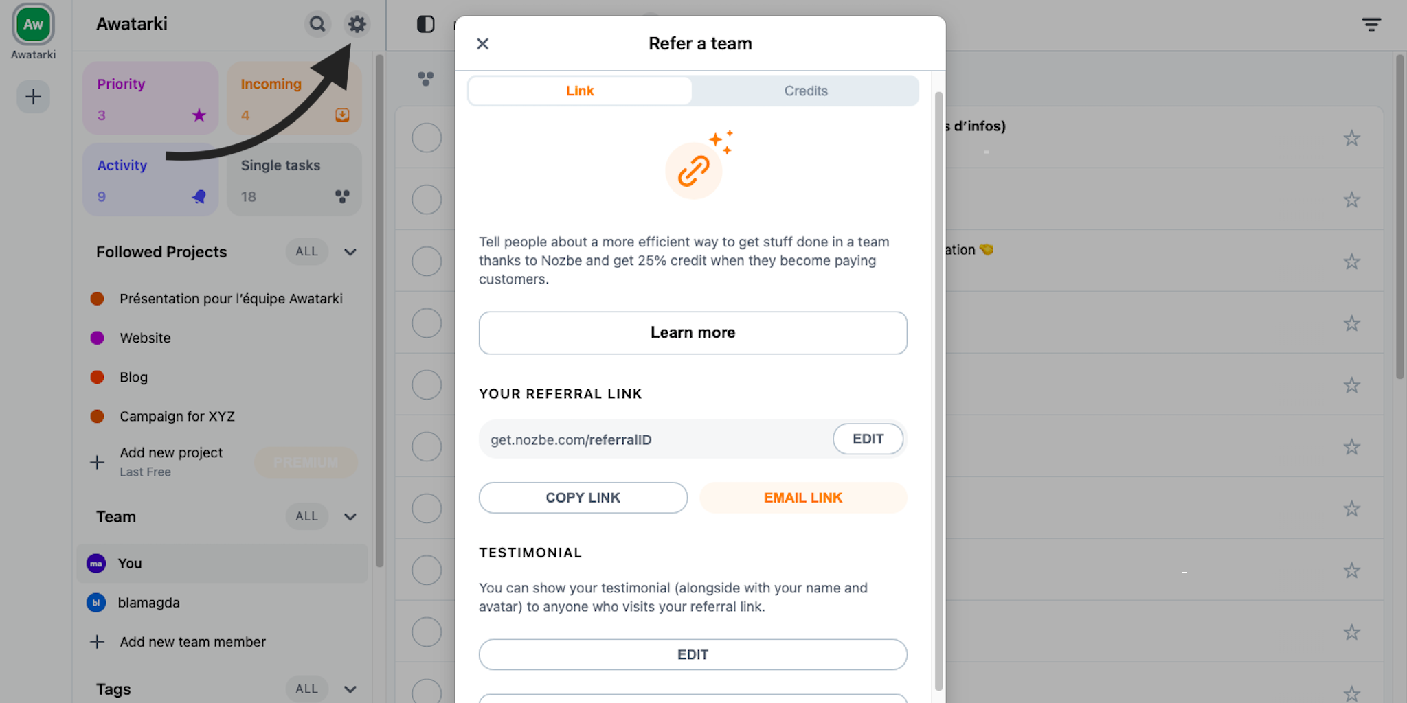 Referral program view in the Nozbe Teams app