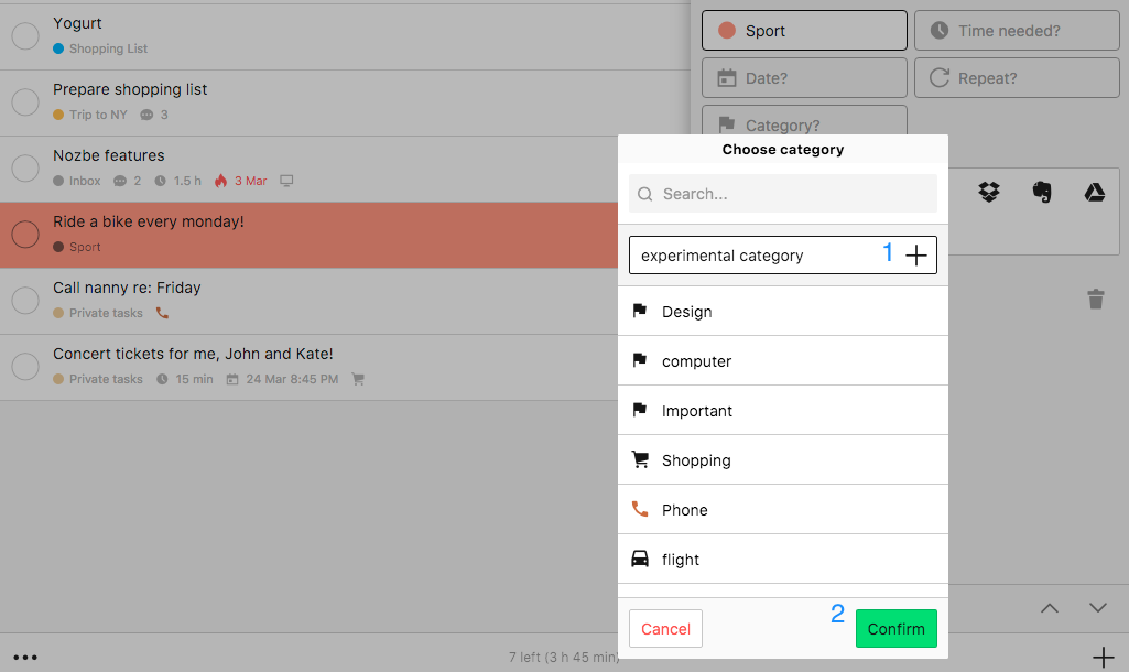 Create new category while editing task