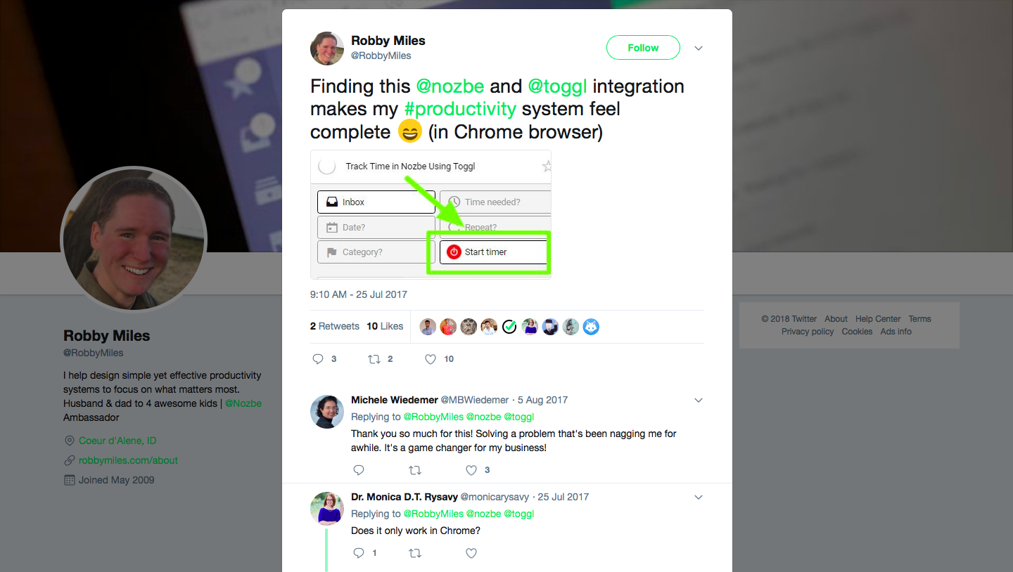 Robby Miles likes the Nozbe-Toggl integration