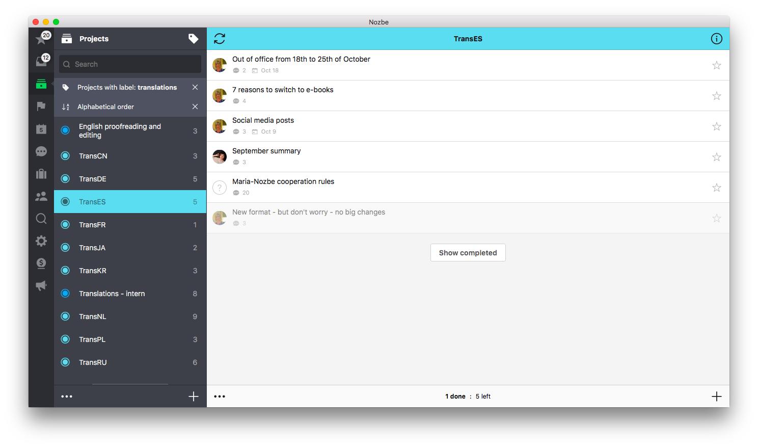 Translations projects in Nozbe